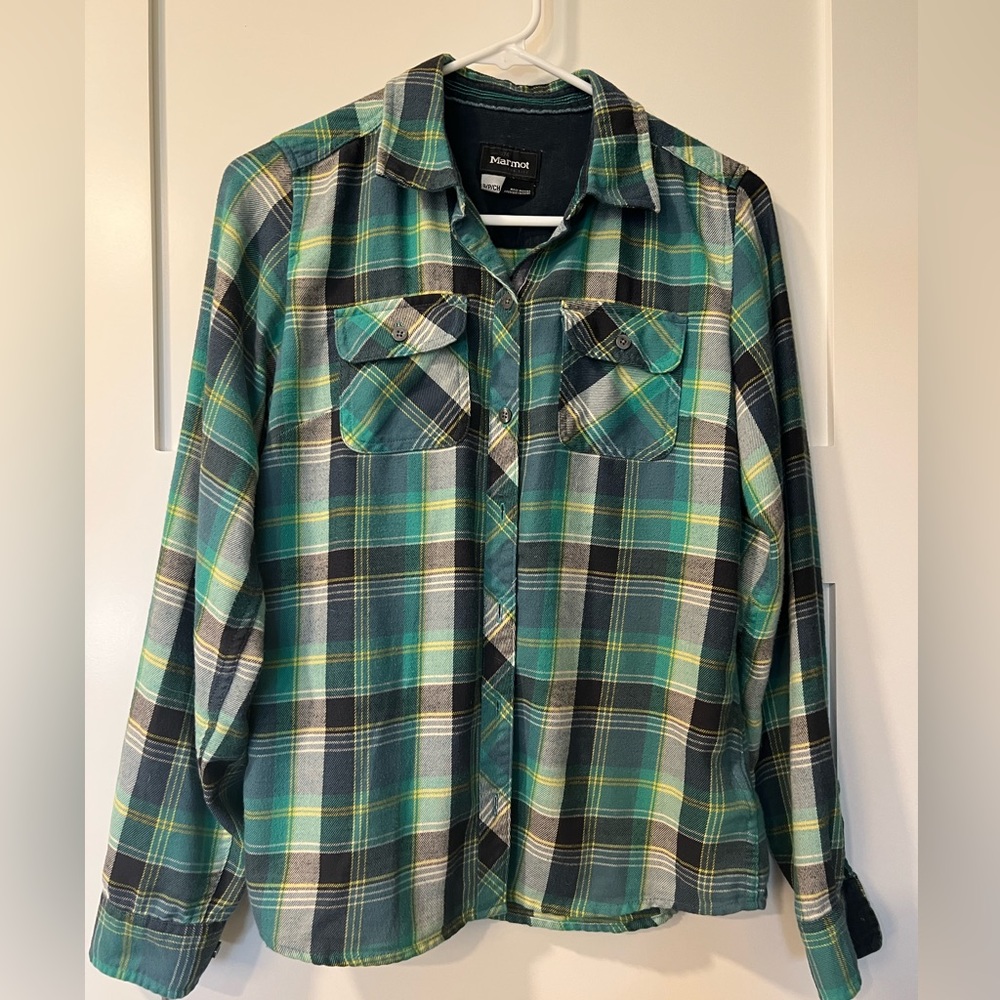 Marmot Women’s green/blue plaid flannel shirt- S